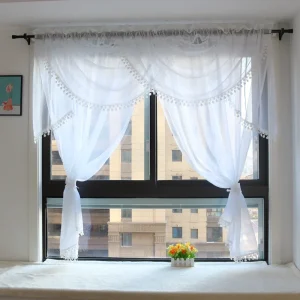Rideau en filet de style cantonnière à double arqué avec dentelle, rideaux de fenêtre blancs transparents, salon, balcon, cuisine, 1 pièce