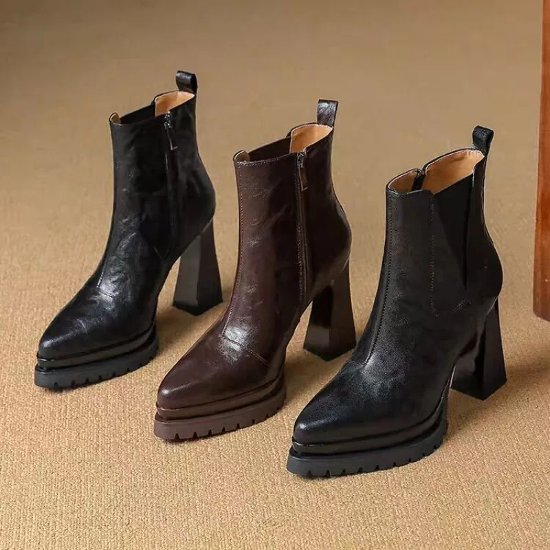 chaussures à talons bloc antidérapantes et résistantes à l'usure, plateforme à la mode, fermeture éclair latérale, bout pointu, chaussons à talons très hauts chaussures à talons bloc antidérapantes et résistantes à l'usure, plateforme à la mode, fermeture éclair latérale, bout pointu, chaussons à talons très hauts