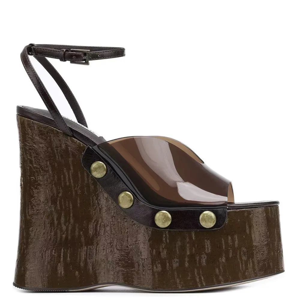 sandales d'été à talons compensés pour femmes, semelles épaisses, avec rivets en grain de bois, plateforme imperméable, talons hauts épais et sandales sandales d'été à talons compensés pour femmes, semelles épaisses, avec rivets en grain de bois, plateforme imperméable, talons hauts épais et sandales