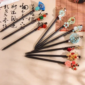 Bâtons de cheveux à fleurs chinoises, épingles à cheveux en bois faites à la main de Style ancien, chignon de fête avec pompon, fourchette à cheveux Hanfu pour Hanfu Bâtons de cheveux à fleurs chinoises, épingles à cheveux en bois faites à la main de Style ancien, chignon de fête avec pompon, fourchette à cheveux Hanfu pour Hanfu