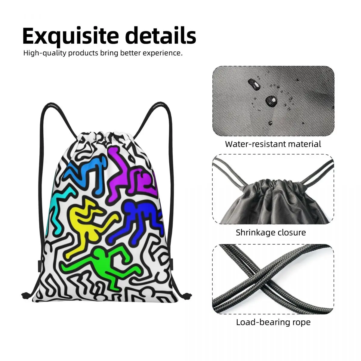 haring figures dancers proximity wstring sac à dos pour femme, sac de sport pliable, sac à provisions abstrait géométrique, rap et graffiti haring figures dancers proximity wstring sac à dos pour femme, sac de sport pliable, sac à provisions abstrait géométrique, rap et graffiti