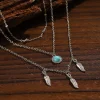 collier ethnique turquoise à plusieurs couches pour femmes, pendentif rétro en argent à trois couches de feuille de tournesol, bohème, bijoux cadeaux, nouvelle collection