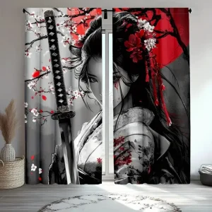 Rideaux imprimés de fille samouraï japonaise, rideaux de sac en poteau, chambre et salon, décoration de la maison, décoration de la pièce Rideaux imprimés de fille samouraï japonaise, rideaux de sac en poteau, chambre et salon, décoration de la maison, décoration de la pièce