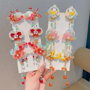 Accessoires de cheveux Hanfu chinois traditionnels pour filles, épingles à cheveux à fleurs de Style ancien pour enfants, cartes à cheveux à pampilles, Costume d&rsquo;automne D