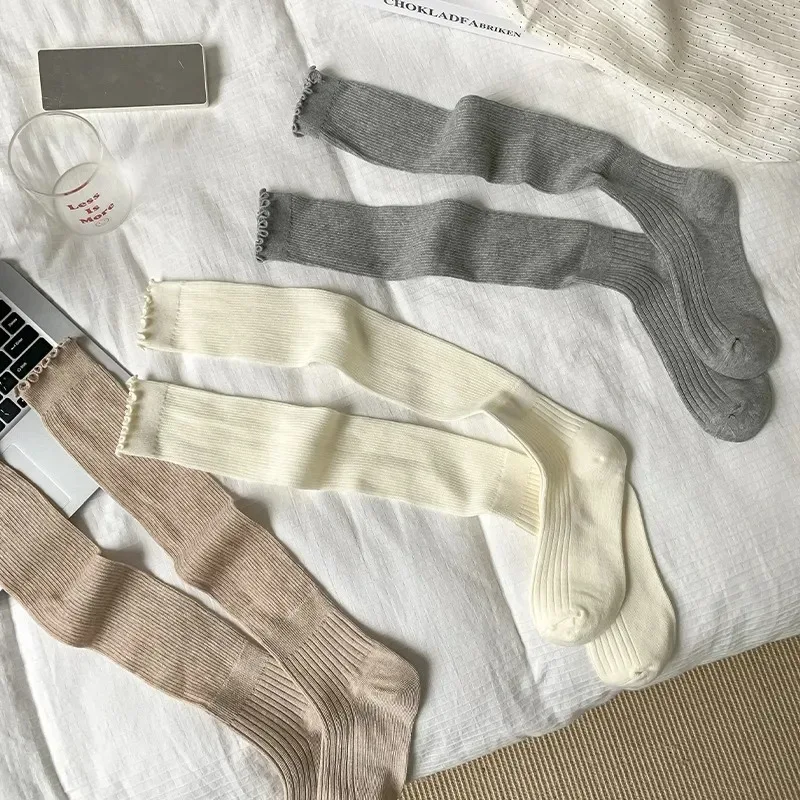 chaussettes tricotées à volants japonais pour femmes et filles, bas à la mode, style jk, tube long, doux, absorbant la sueur, respirantes, aux genoux chaussettes tricotées à volants japonais pour femmes et filles, bas à la mode, style jk, tube long, doux, absorbant la sueur, respirantes, aux genoux