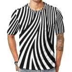 T-shirt rayé noir et blanc pour hommes, conception de lignes abstraites, t-shirts à col rond, t-shirts à manches courtes, mode de plage, cadeau d’anniversaire T-shirt rayé noir et blanc pour hommes, conception de lignes abstraites, t-shirts à col rond, t-shirts à manches courtes, mode de plage, cadeau d’anniversaire