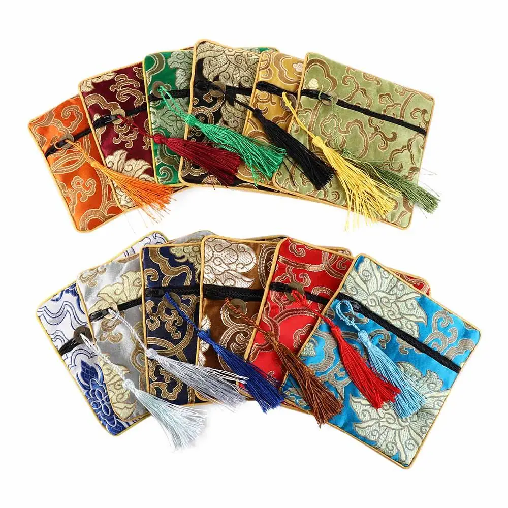 poudres de porte monnaie en brocart chinois, petit sac à fermeture éclair avec pompon, broderie carrée, cadeaux de bijoux, poudres de stockage poudres de porte monnaie en brocart chinois, petit sac à fermeture éclair avec pompon, broderie carrée, cadeaux de bijoux, poudres de stockage