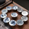 bols à thé en porcelaine bleue et blanche, petites tasses à thé kung fu en céramique, tasse principale unique avec boîte cadeau, ensemble de service à thé d'emballage 10 pièces/boîte