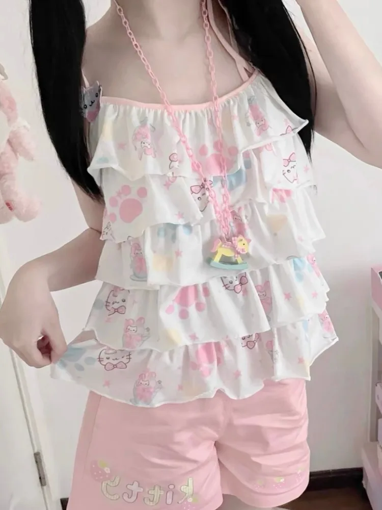 débardeur bandage brodé japonais kawaii pour femmes, y2k, esthétique, imprimé chat de dessin animé, mignon, harajuku, camisoles brodées à volants débardeur bandage brodé japonais kawaii pour femmes, y2k, esthétique, imprimé chat de dessin animé, mignon, harajuku, camisoles brodées à volants