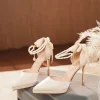  sandales creuses élégantes pour femmes, talons aiguilles à plateforme, avec nœud en perles, bride à la cheville détachable, talons de travail habillés, 2025 