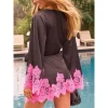 mini robe de soirée en satin pour femmes, sexy, manches longues, col en v, épissure en dentelle, ligne a, ample, robe de soirée de célébrité, robe de cocktail