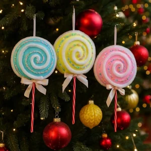 Macaron de noël coloré décoratif, nœud en mousse, Branches de sucettes suspendues, dessin animé, décor d’arbre de noël, fête de noël Macaron de noël coloré décoratif, nœud en mousse, Branches de sucettes suspendues, dessin animé, décor d’arbre de noël, fête de noël