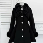 Veste en laine noire pour femme, manteau japonais, produit en série, automne hiver, col à nœud mignon, doux et élégant, pardessus Lolita Veste en laine noire pour femme, manteau japonais, produit en série, automne hiver, col à nœud mignon, doux et élégant, pardessus Lolita
