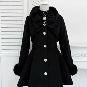 Veste en laine noire pour femme, manteau japonais, produit en série, automne hiver, col à nœud mignon, doux et élégant, pardessus Lolita