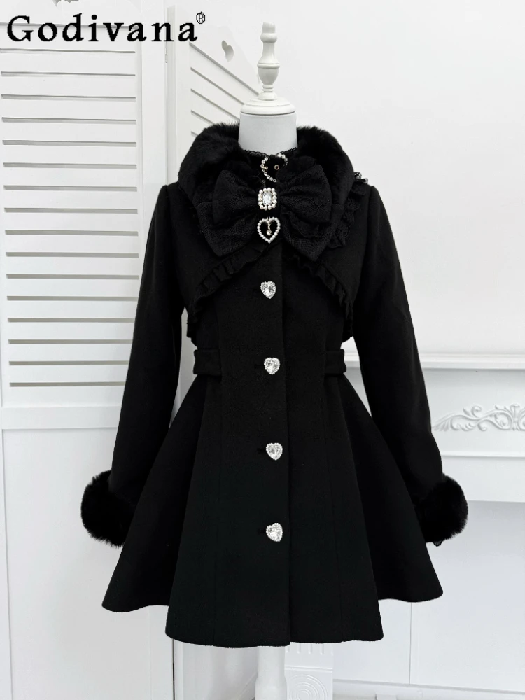 Veste en laine noire pour femme, manteau japonais, produit en série, automne hiver, col à nœud mignon, doux et élégant, pardessus Lolita Veste en laine noire pour femme, manteau japonais, produit en série, automne hiver, col à nœud mignon, doux et élégant, pardessus Lolita