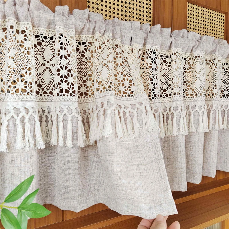 rideau court en dentelle géométrique creuse, café léger simple japonais avec pompon beige, pour salon, chambre à coucher, baie vitrée rideau court en dentelle géométrique creuse, café léger simple japonais avec pompon beige, pour salon, chambre à coucher, baie vitrée