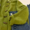 cardigan en fourrure de raton laveur avec bouton en corne verte pour femme, pull décontracté, marchandises européennes, optique, automne et hiver