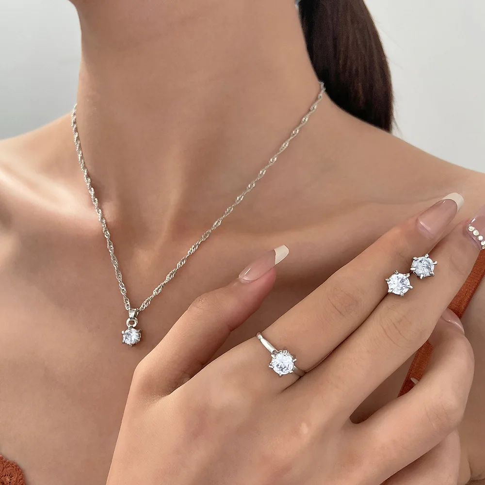 ensemble de bijoux en zircone, 5 pièces, bague en cristal, collier, bracelet, boucles d'oreilles, simple, élégant, polyvalent, coffret cadeau ensemble de bijoux en zircone, 5 pièces, bague en cristal, collier, bracelet, boucles d'oreilles, simple, élégant, polyvalent, coffret cadeau