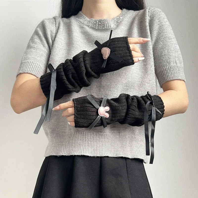 housse de bras tricotée pour étudiante japonaise, kawaii, douce et respirante, avec nœud lolita, amour, demi doigt, manchon de main housse de bras tricotée pour étudiante japonaise, kawaii, douce et respirante, avec nœud lolita, amour, demi doigt, manchon de main