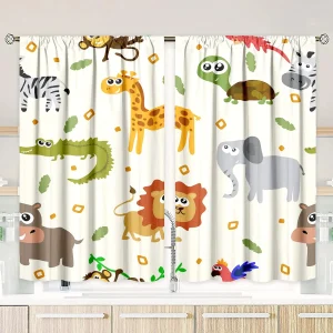 Rideau imprimé Animal mignon 2 pièces, rideaux de fenêtre assombrissants pour salle de conception de dessin animé, rideau de poche pour tige