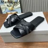 2025 fond plat bout carré pantoufles en cuir véritable chaîne perle décor paresseux sandales dames été loisirs de plein air vacances chaussures