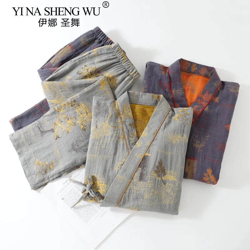 robes kimono pour hommes avec pantalons longs, ensemble de pyjamas, vêtements de maison, coton, printemps et automne robes kimono pour hommes avec pantalons longs, ensemble de pyjamas, vêtements de maison, coton, printemps et automne