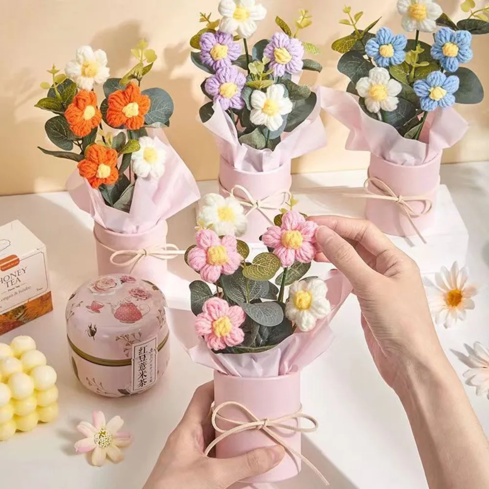 bouquet de fleurs artificielles colorées faites à la main au crochet, avec seau tissé, simulation de fleurs pour la journée des enseignants bouquet de fleurs artificielles colorées faites à la main au crochet, avec seau tissé, simulation de fleurs pour la journée des enseignants