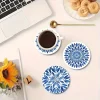 sous verres ronds en porcelaine bleue et blanche de style chinois, fleur de mandala en bois, anti chaud, décoration de table pour maison, bureau, restaurant, café