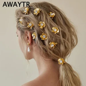 Épingle à cheveux coréenne à fleurs dorées pour femmes, 4 pièces, Vintage, tresse, strass, Barrettes en forme de fleurs, pince à cheveux, accessoires pour cheveux