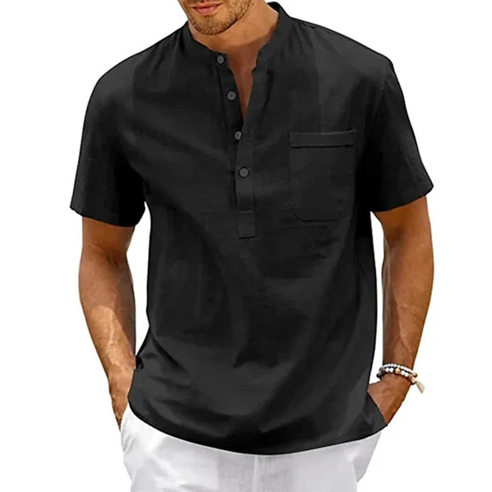 chemise en coton et lin pour hommes, col henley, poche, décontractée, plage, manches courtes, couleur unie, hauts t shirts, vintage, streetwear chemise en coton et lin pour hommes, col henley, poche, décontractée, plage, manches courtes, couleur unie, hauts t shirts, vintage, streetwear