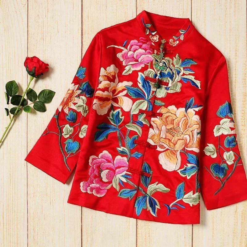 Chemisier brodé Style ethnique rétro broderie chemisier chinois femmes nouveau Style veste manteau en coton ample femmes automne Hanfu Chemisier brodé Style ethnique rétro broderie chemisier chinois femmes nouveau Style veste manteau en coton ample femmes automne Hanfu
