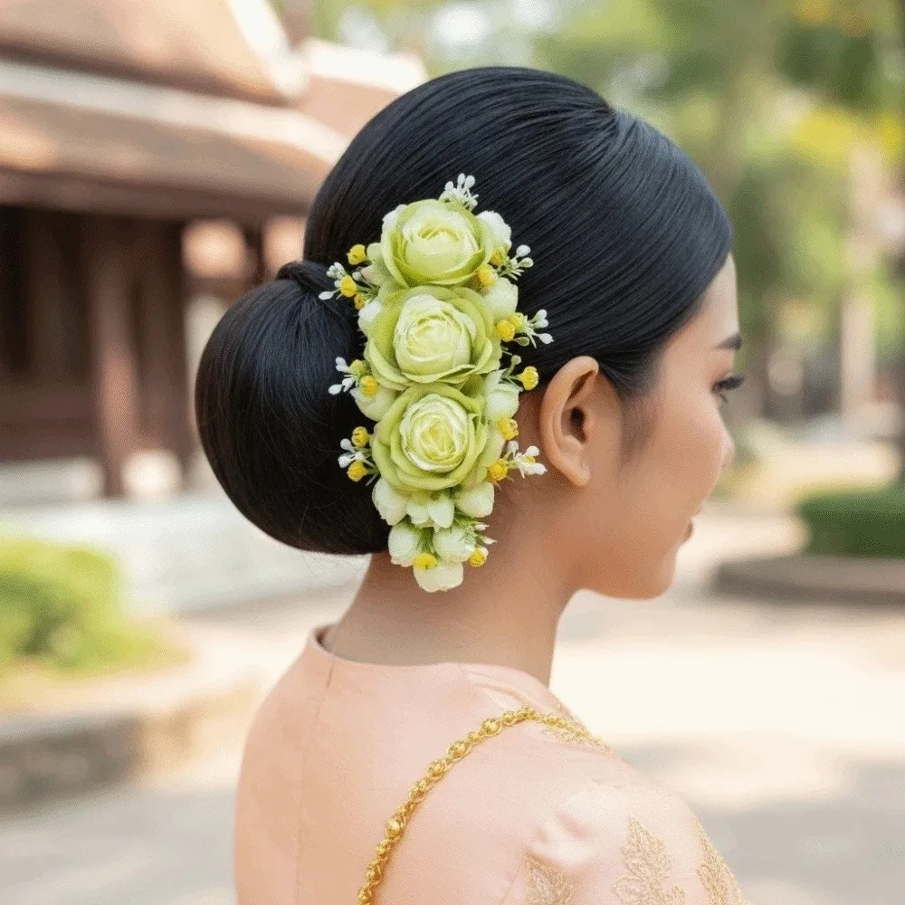 Épingle à cheveux élégante à fleurs douces, style thaïlandais, peigne en tissu, couvre chef floral, chignon, pinces à cheveux pour mariée Épingle à cheveux élégante à fleurs douces, style thaïlandais, peigne en tissu, couvre chef floral, chignon, pinces à cheveux pour mariée