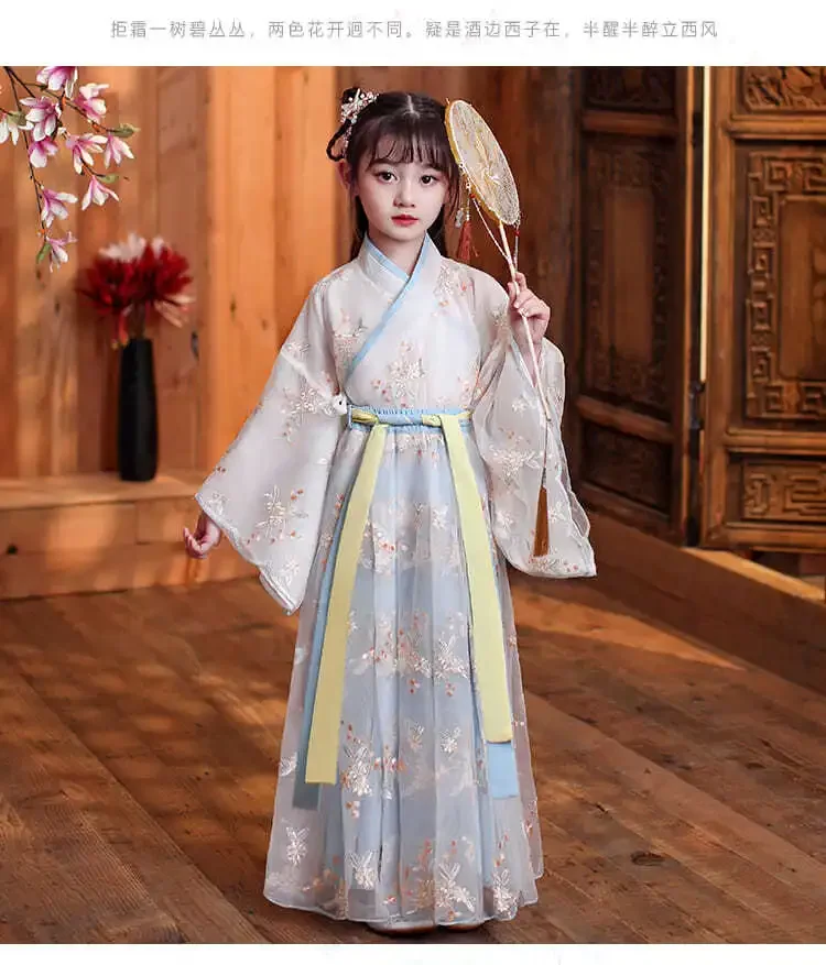 robe chinoise en soie pour filles et enfants, kimono traditionnel chinois vintage ethnique antique, costume de danse, ensemble hanfu cosplay robe chinoise en soie pour filles et enfants, kimono traditionnel chinois vintage ethnique antique, costume de danse, ensemble hanfu cosplay