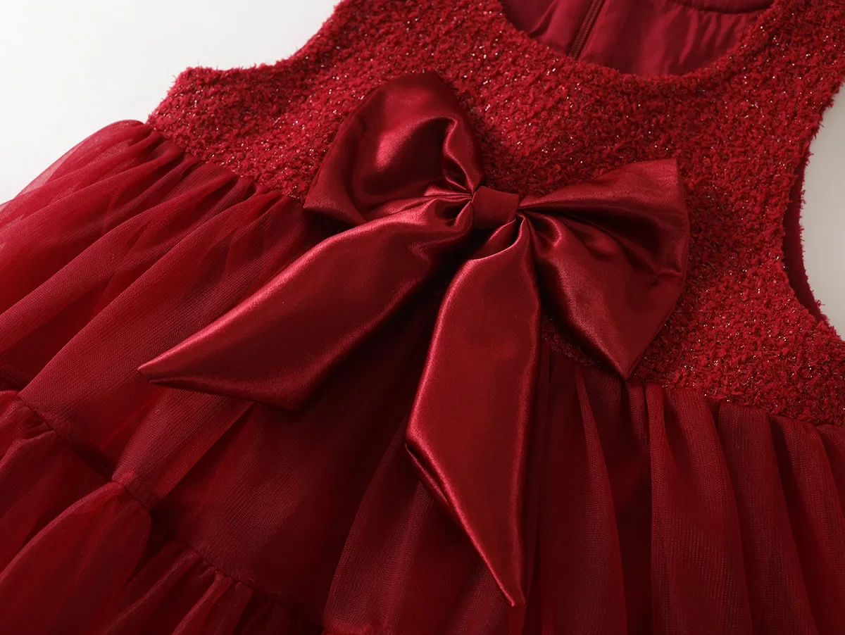 robe en tulle rouge pour filles, gilet sans manches avec nœud superposé, corsage à paillettes, tenue formelle pour enfants, nouvelle collection automne 2025 robe en tulle rouge pour filles, gilet sans manches avec nœud superposé, corsage à paillettes, tenue formelle pour enfants, nouvelle collection automne 2025