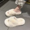 belles diapositives homewear pantoufles bout ouvert anti dérapant plat en peluche pantoufles chaussures couleur unie pantoufles femmes hiver