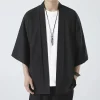 chemises kimono japonais pour hommes, décontractées, point ouvert, léger, yukata, mode, cardigan noir, manches 3/4, vêtements d'extérieur pour les vacances d'été