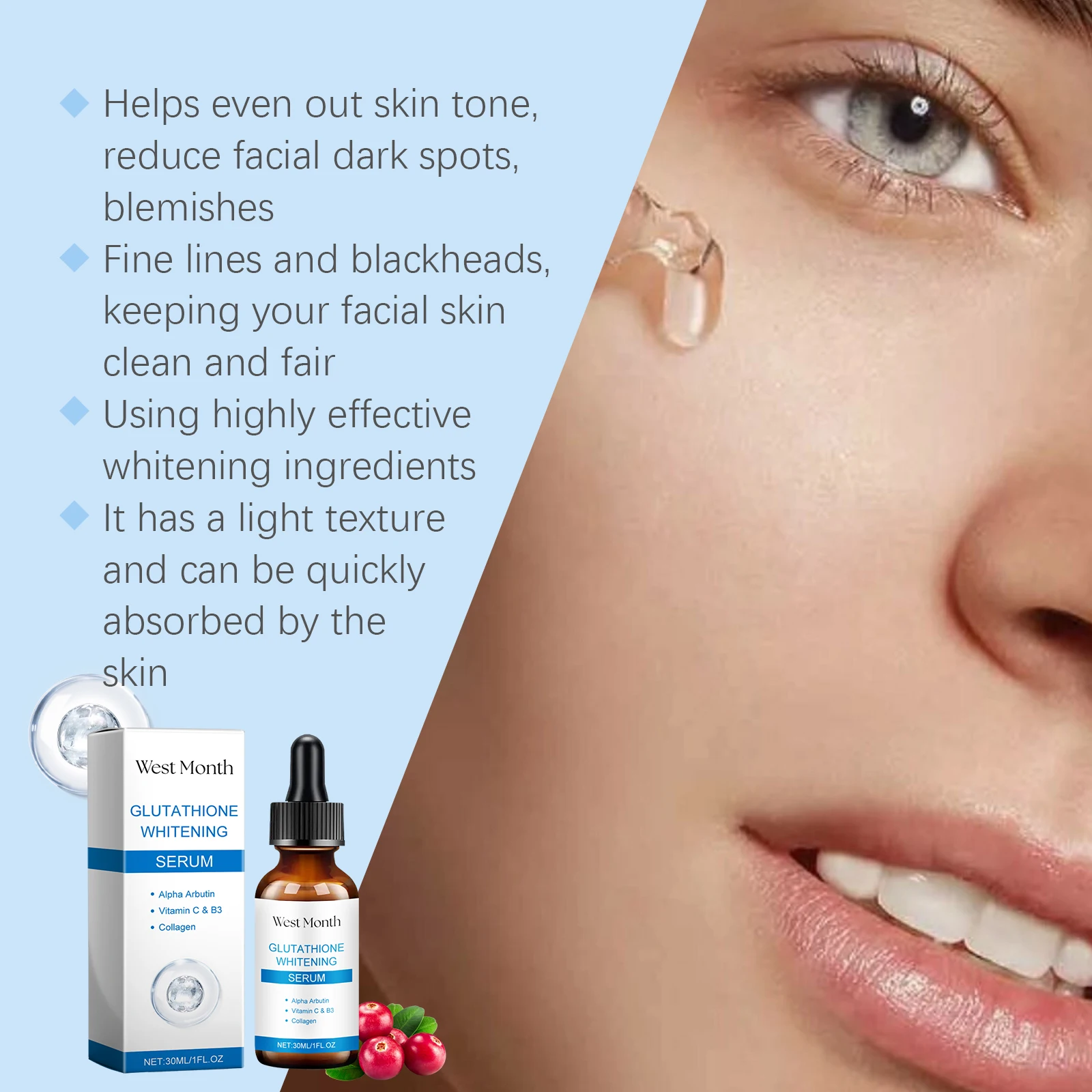 sérum blanchissant au glutathion, même le teint, réduit les imperfections du visage, texture légère, obtenir facilement une belle peau, non grasse sérum blanchissant au glutathion, même le teint, réduit les imperfections du visage, texture légère, obtenir facilement une belle peau, non grasse