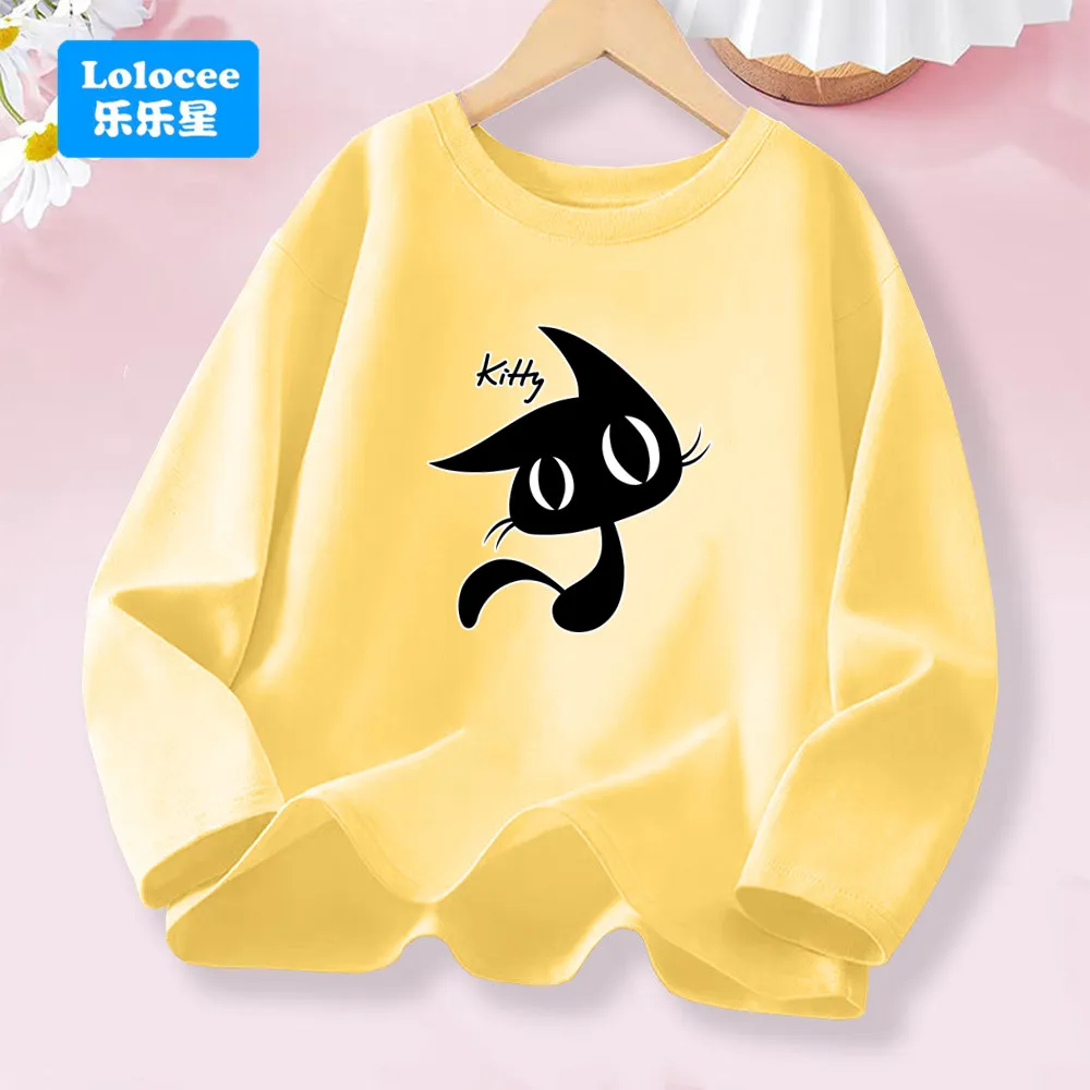 kawaii noir kitty graphique t shirt pour les filles printemps automne à manches longues couverture en coton enfants mode usage quotidien kawaii noir kitty graphique t shirt pour les filles printemps automne à manches longues couverture en coton enfants mode usage quotidien