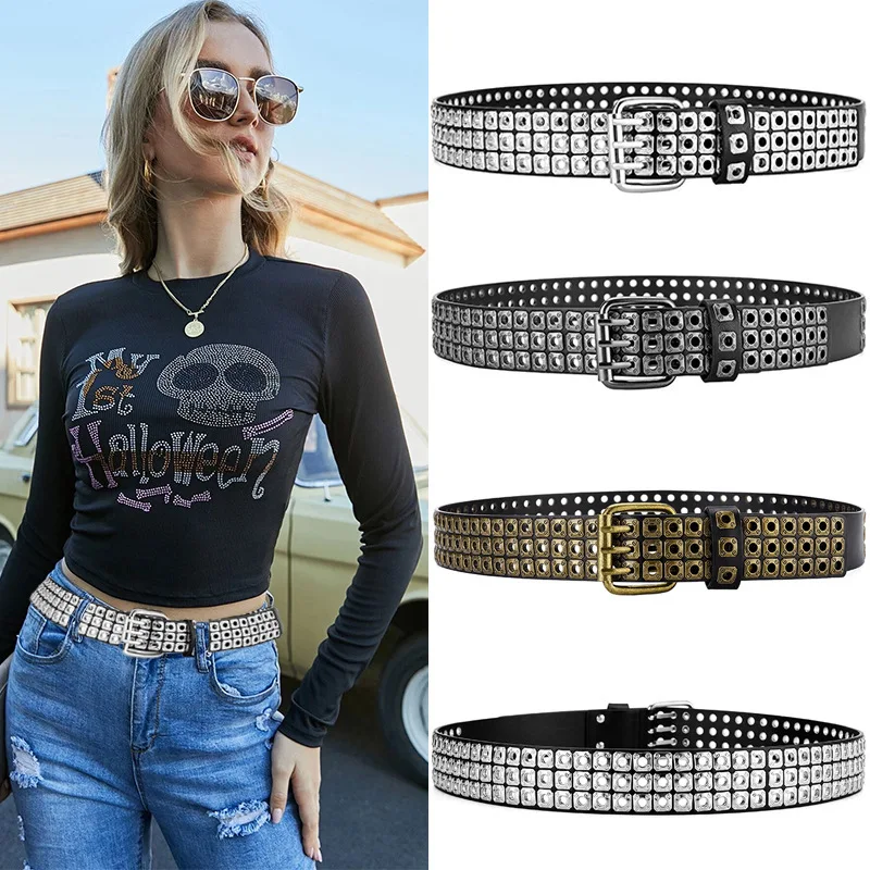 ceinture pour femmes, perles carrées à la mode, clous en saule, trois yeux d'échappement, punk street cool, ceintures personnalisées pour hommes et femmes ceinture pour femmes, perles carrées à la mode, clous en saule, trois yeux d'échappement, punk street cool, ceintures personnalisées pour hommes et femmes