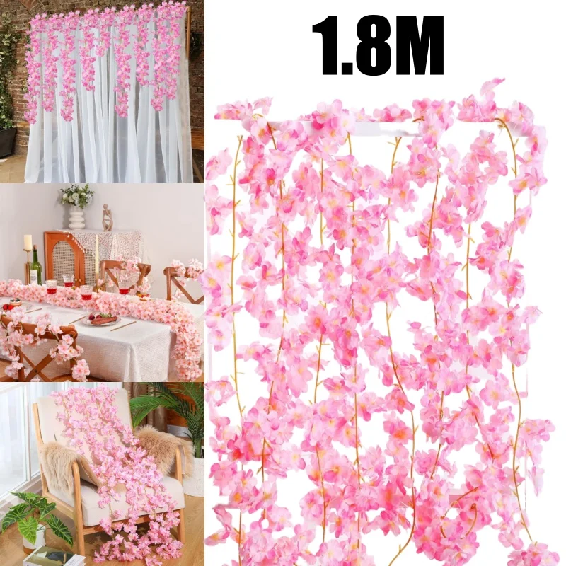 guirlande de fleurs artificielles de cerisier sakura, 180cm, fausses plantes en soie, vigne, ornement d'arc de mariage, décoration de fête de jardin pour la maison guirlande de fleurs artificielles de cerisier sakura, 180cm, fausses plantes en soie, vigne, ornement d'arc de mariage, décoration de fête de jardin pour la maison