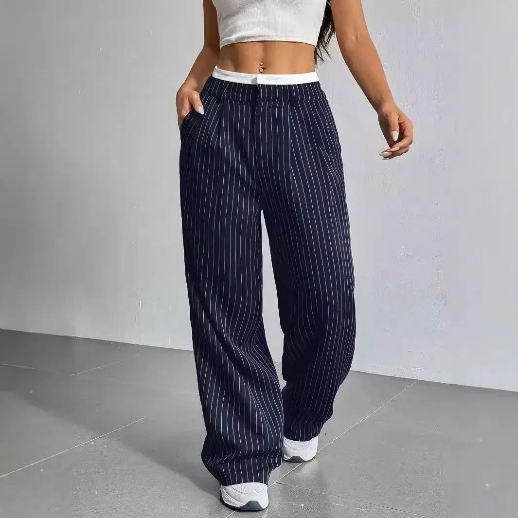 pantalon pleine longueur imprimé à rayures pour femmes, taille haute, mode décontractée y2k, ample, jambes larges pantalon pleine longueur imprimé à rayures pour femmes, taille haute, mode décontractée y2k, ample, jambes larges