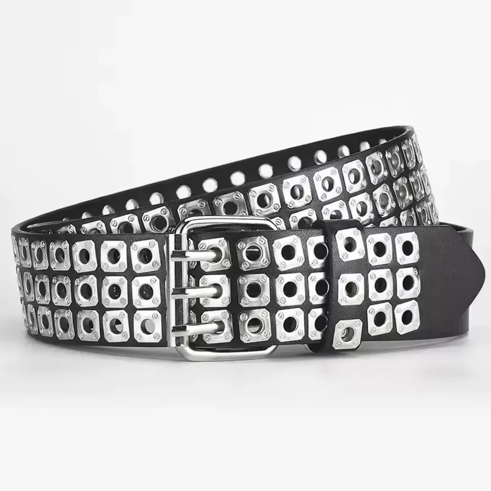 ceinture pour femmes, perles carrées à la mode, clous en saule, trois yeux d'échappement, punk street cool, ceintures personnalisées pour hommes et femmes ceinture pour femmes, perles carrées à la mode, clous en saule, trois yeux d'échappement, punk street cool, ceintures personnalisées pour hommes et femmes