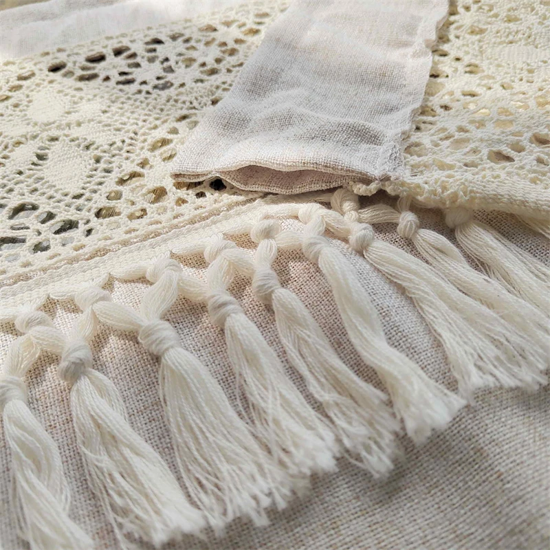 rideau court en dentelle géométrique creuse, café léger simple japonais avec pompon beige, pour salon, chambre à coucher, baie vitrée rideau court en dentelle géométrique creuse, café léger simple japonais avec pompon beige, pour salon, chambre à coucher, baie vitrée