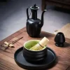 Élégant brut mat noir céramique chawan four émaillé à la main japonais matcha bol bambou fouet support cuillère