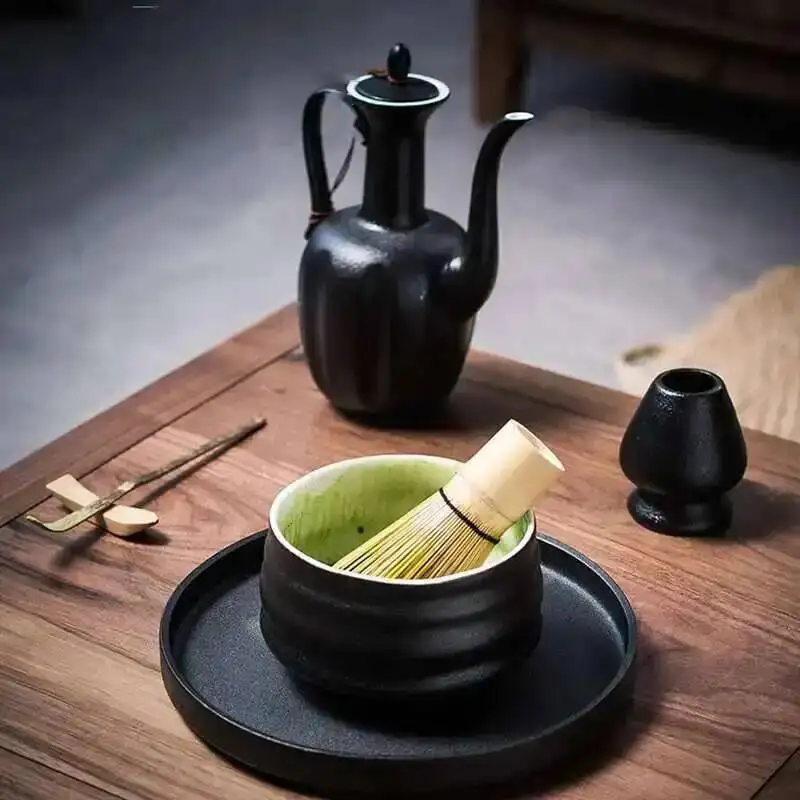 Élégant brut mat noir céramique chawan four émaillé à la main japonais matcha bol bambou fouet support cuillère Élégant brut mat noir céramique chawan four émaillé à la main japonais matcha bol bambou fouet support cuillère