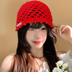 Japonais printemps et été Simple tissé à la main pull chapeau rue creux perle frangée Style ethnique mode tricoté bonnet