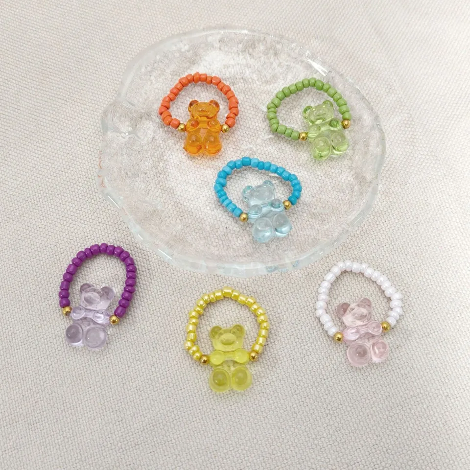 ensemble de 6 pièces ondulées coréennes, couleur gelée y2k, anneau ours mignon en résine, élasticité réglable, perle de riz, accessoires pour femmes, cadeau, 2025 ensemble de 6 pièces ondulées coréennes, couleur gelée y2k, anneau ours mignon en résine, élasticité réglable, perle de riz, accessoires pour femmes, cadeau, 2025