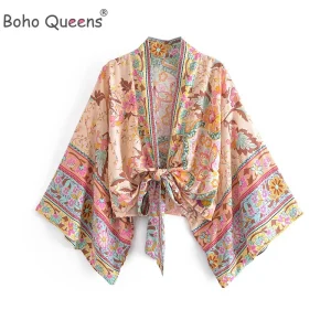 Boho Queens Vintage imprimé fleuri ceintures court Kimono femmes nouvelle mode col en V manches chauve-souris dames Robe de plage couvertures Boho Queens Vintage imprimé fleuri ceintures court Kimono femmes nouvelle mode col en V manches chauve-souris dames Robe de plage couvertures