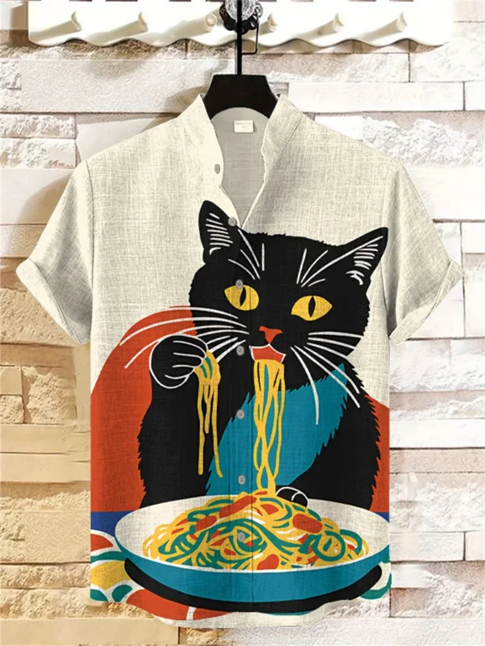 chemise en lin imprimé chat kimono de style japonais pour hommes, col montant à la mode, manches courtes, expédition rapide, été chemise en lin imprimé chat kimono de style japonais pour hommes, col montant à la mode, manches courtes, expédition rapide, été