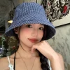 casquette seau à carreaux d'été japonaise, chapeau de soleil à carreaux bouclés à séchage rapide, casquette de pêcheur pliable avec nœud pour femmes